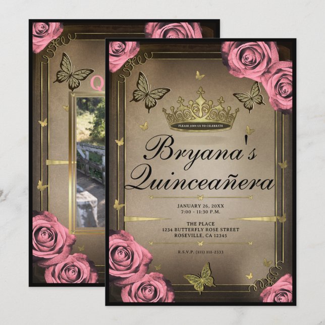 Gold Tiara Butterflies Pink Roses Quinceañera  Invitation (Front/Back)