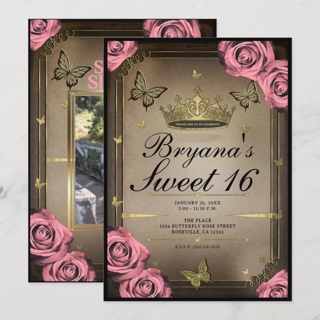 Gold Tiara Butterflies Pink Roses Sweet 16 Photo Invitation (Front/Back)