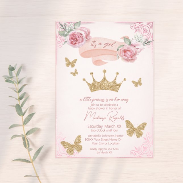 Gold Tiara & Butterflies Princess Baby Shower Invitation (Creator Uploaded)