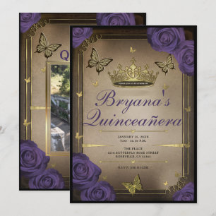 Gold Tiara Butterflies Purple Roses Quinceañera  Invitation