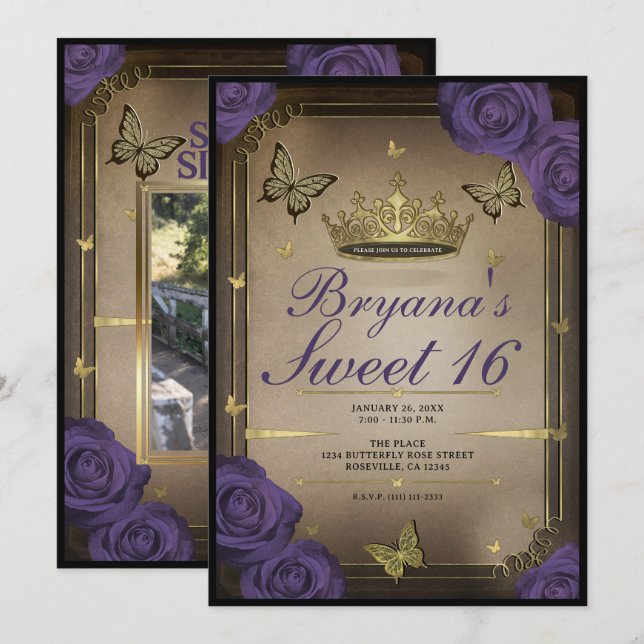 Gold Tiara Butterflies Purple Roses Sweet 16 Photo Invitation (Front/Back)