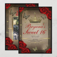 Gold Tiara Butterflies & Red Roses Sweet 16 Photo