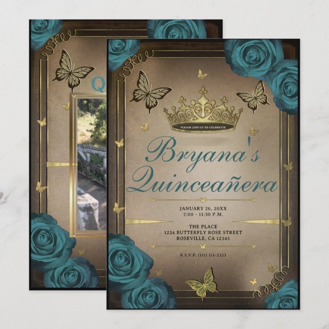 Gold Tiara Butterflies Teal Roses Quinceañera  Invitation (Front/Back)