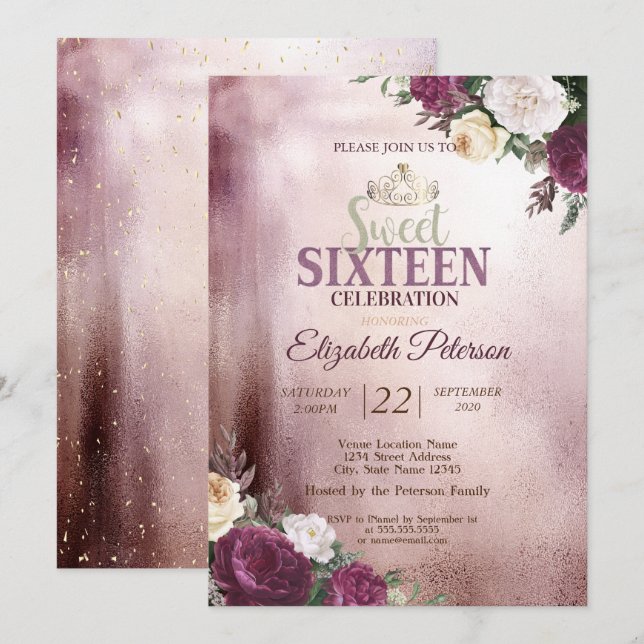 Gold Tiara,Confetti Burgundy Sweet 16 Party Invitation (Front/Back)