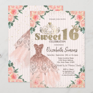 Gold Tiara,Confetti,Dress,Striped Floral Sweet 16 Invitation