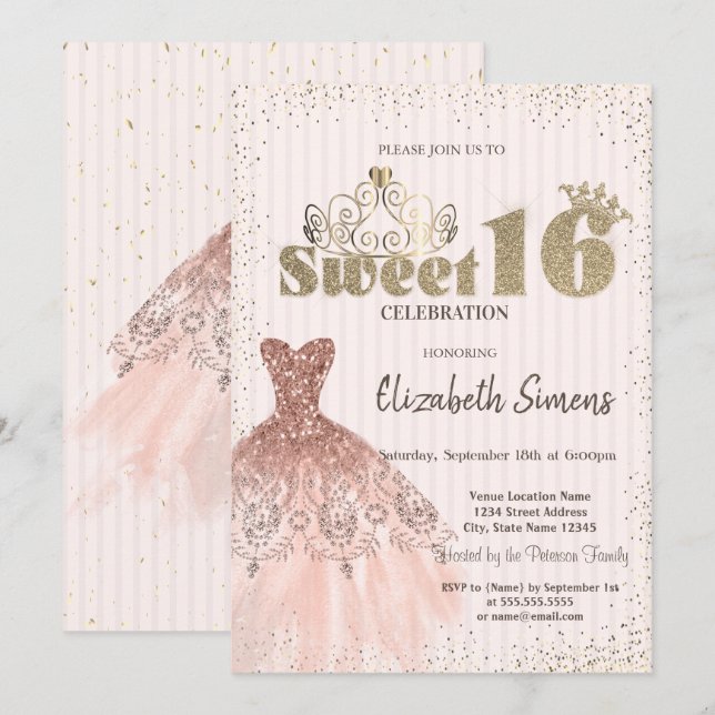 Gold Tiara,Confetti,Dress,Striped Sweet 16 Invitation (Front/Back)