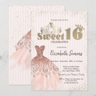 Gold Tiara,Confetti,Dress,Striped Sweet 16 Invitation