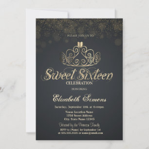 Gold Tiara Confetti Princess Gray Sweet 16 Invitation