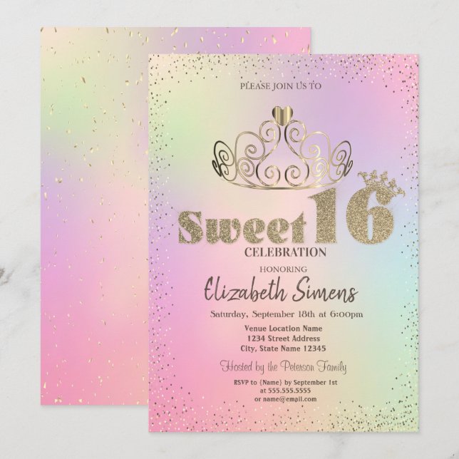 Gold Tiara Confetti Princess Holographic Sweet 16 Invitation (Front/Back)