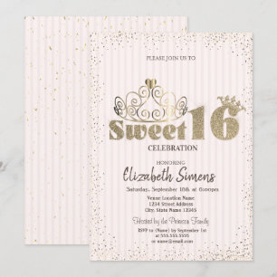 Gold Tiara Confetti Princess Striped Sweet 16 Invitation
