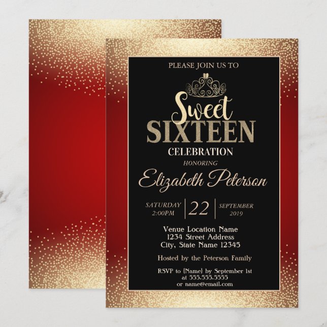 Gold Tiara Confetti,Red Sweet 16 Party Invitation (Front/Back)