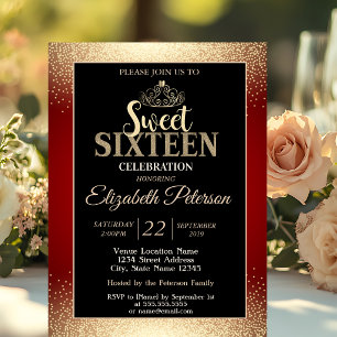 Gold Tiara Confetti,Red Sweet 16 Party Invitation