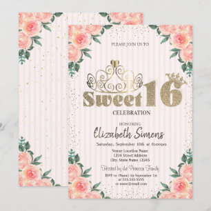 Gold Tiara Confetti Roses, Striped Sweet 16 Invitation
