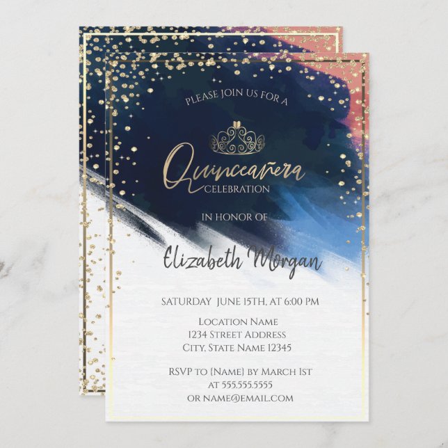 Gold Tiara,Confetti,Watercolor Brush Stroke Invitation (Front/Back)