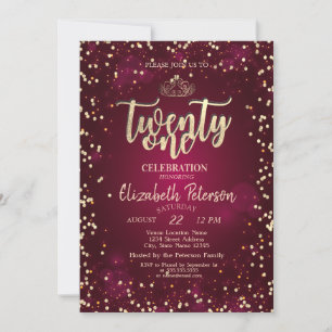 Gold Tiara,Diamonds Burgundy 21st Birthday Party Invitation