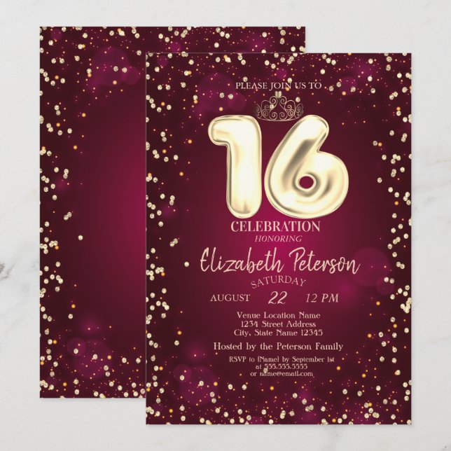 Gold Tiara,Diamonds Burgundy Sweet 16 Party Invitation (Front/Back)
