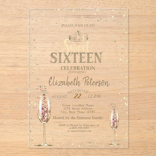 Gold Tiara,Diamonds Champagne Glass Sweet 16 Acrylic Invitations (Front)