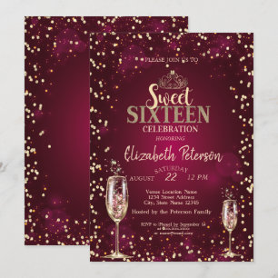 Gold Tiara,Diamonds Champagne Glass Sweet 16 Invitation