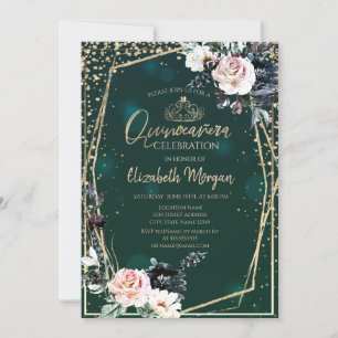 Gold Tiara,Diamonds Chic Flowers Quinceañera  Invitation