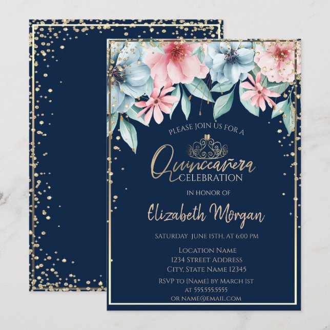 Gold Tiara,Diamonds,Floral Quinceañera Invitation (Front/Back)