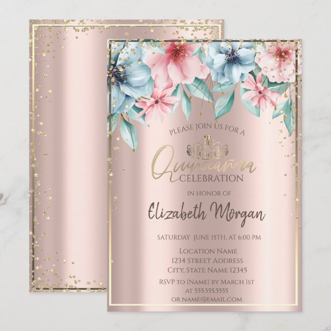 Gold Tiara,Diamonds,Floral Rose Gold Quinceañera  Invitation (Front/Back)