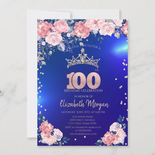 Gold Tiara Diamonds Flowers Blue 100th Birthday Invitation (Front)