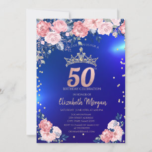 Gold Tiara Diamonds Flowers Blue 50th Birthday Invitation