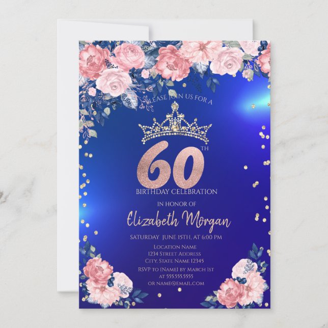 Gold Tiara Diamonds Flowers Blue 60th Birthday Invitation (Front)