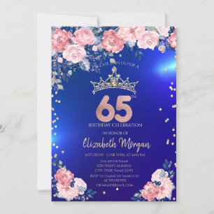 Gold Tiara Diamonds Flowers Blue 65th Birthday Invitation