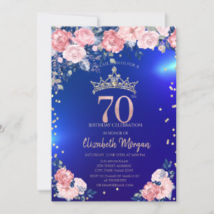 Gold Tiara Diamonds Flowers Blue 70th Birthday Invitation