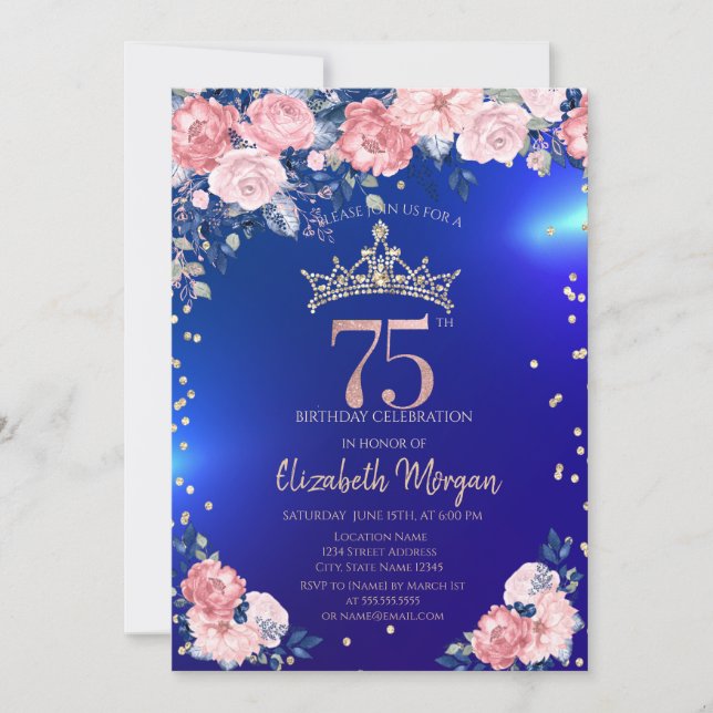 Gold Tiara Diamonds Flowers Blue 75th Birthday Invitation (Front)