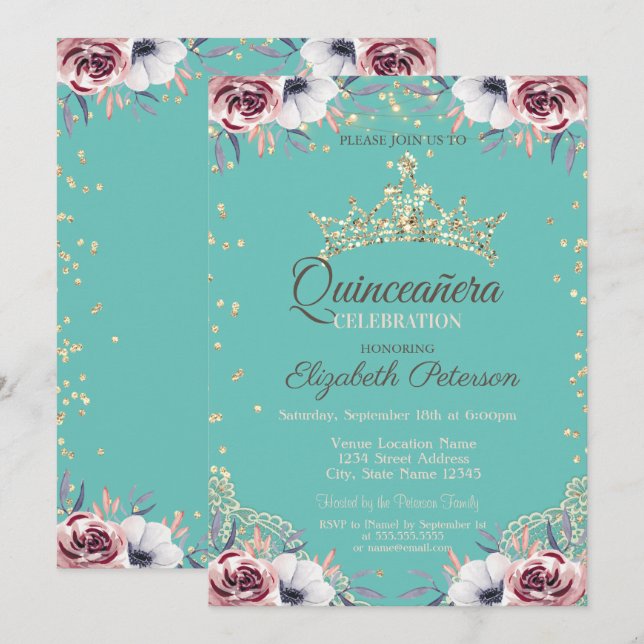Gold Tiara,Diamonds Flowers Mint Green Quinceañera Invitation (Front/Back)