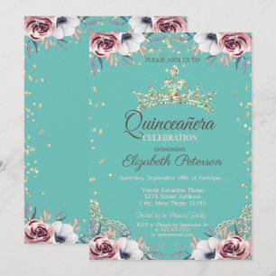 Gold Tiara,Diamonds Flowers Mint Green Quinceañera Invitation