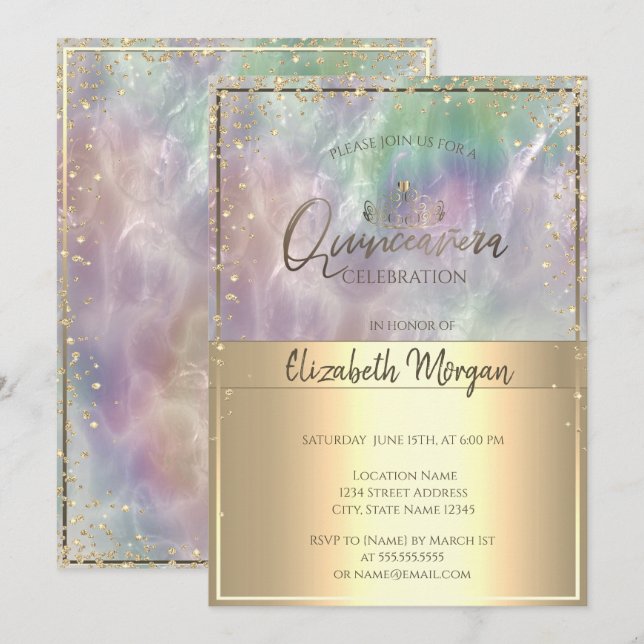 Gold Tiara,Diamonds Holographic Pearl Quinceañera Invitation (Front/Back)