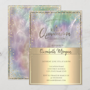 Gold Tiara,Diamonds Holographic Pearl Quinceañera Invitation
