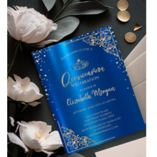  Gold Tiara,Diamonds Metallic Blue Quinceañera  Invitation