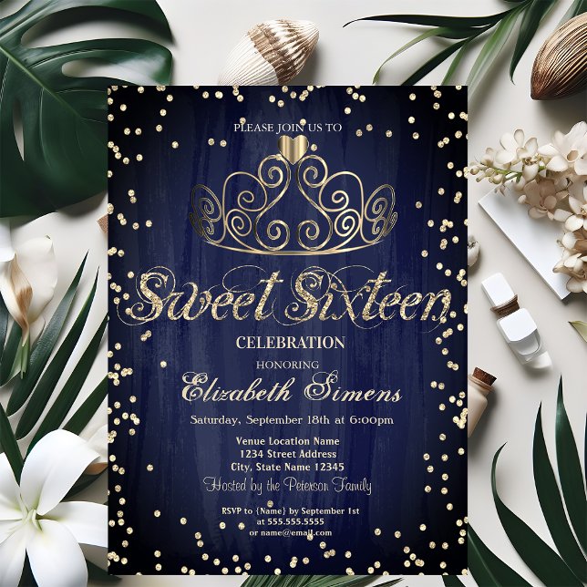 Gold Tiara Diamonds Princess Navy Blue Sweet 16 Invitation (Creator Uploaded)