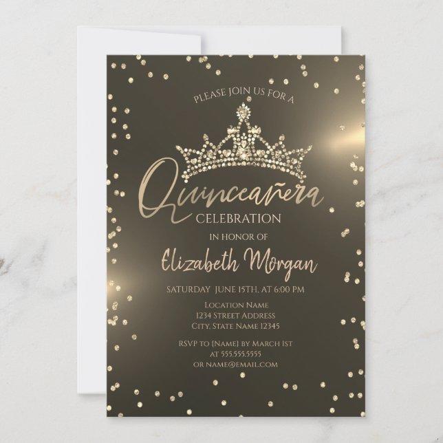 Gold Tiara Diamonds Quinceañera Invitation (Front)