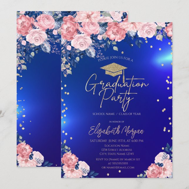 Gold Tiara Diamonds Roses Blue Graduation Party Invitation (Front/Back)