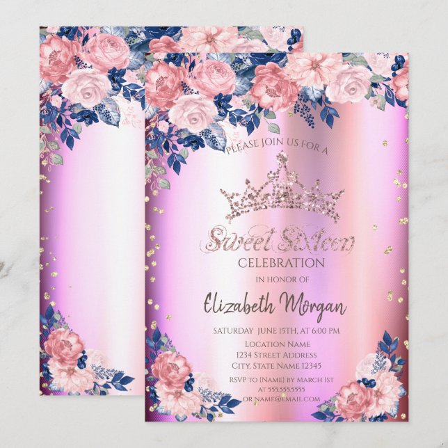 Gold Tiara Diamonds Roses Blue Pink Sweet 16 Invitation (Front/Back)