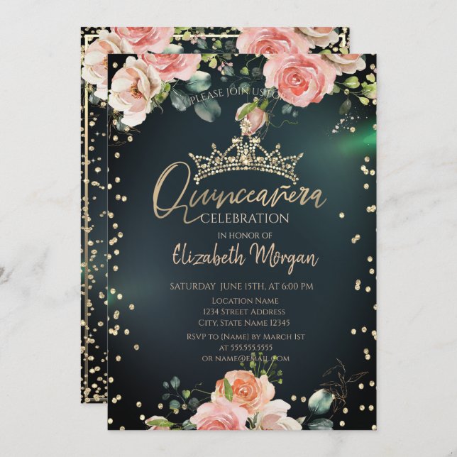 Gold Tiara Diamonds Roses Green Quinceañera Invitation (Front/Back)
