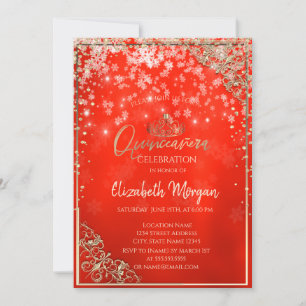  Gold Tiara,Diamonds,Snowflakes,Red Quinceañera  Invitation