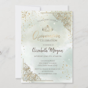 Gold Tiara,Diamonds Watercolor Green Quinceañera Invitation
