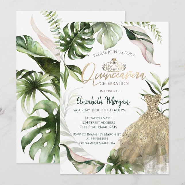  Gold Tiara Dress Tropical Leaves Quinceañera Invitation (Front/Back)