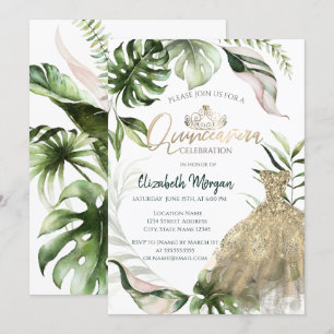 Gold Tiara Dress Tropical Leaves Quinceañera Invitation