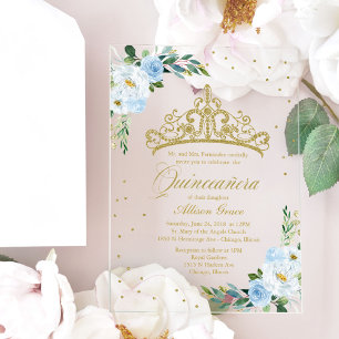 Gold Tiara Dusty Blue Flowers Quinceañera  Acrylic Invitations