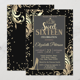 Gold Tiara Glitter Heels Diamonds Sweet 16 Party Invitation