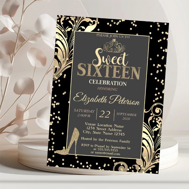 Gold Tiara Glitter Heels Diamonds Sweet 16 Party Invitation (Creator Uploaded)