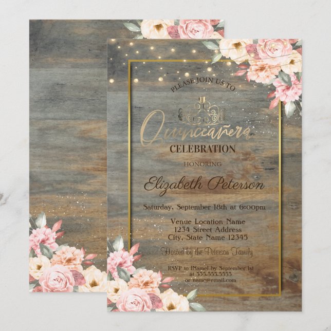Gold Tiara,Gold Frame,Floral Wood Quinceañera  Invitation (Front/Back)