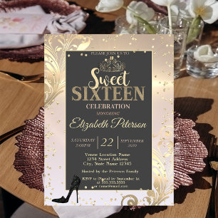 Gold Tiara High Heel Sweet Diamonds 16 Party Invitation